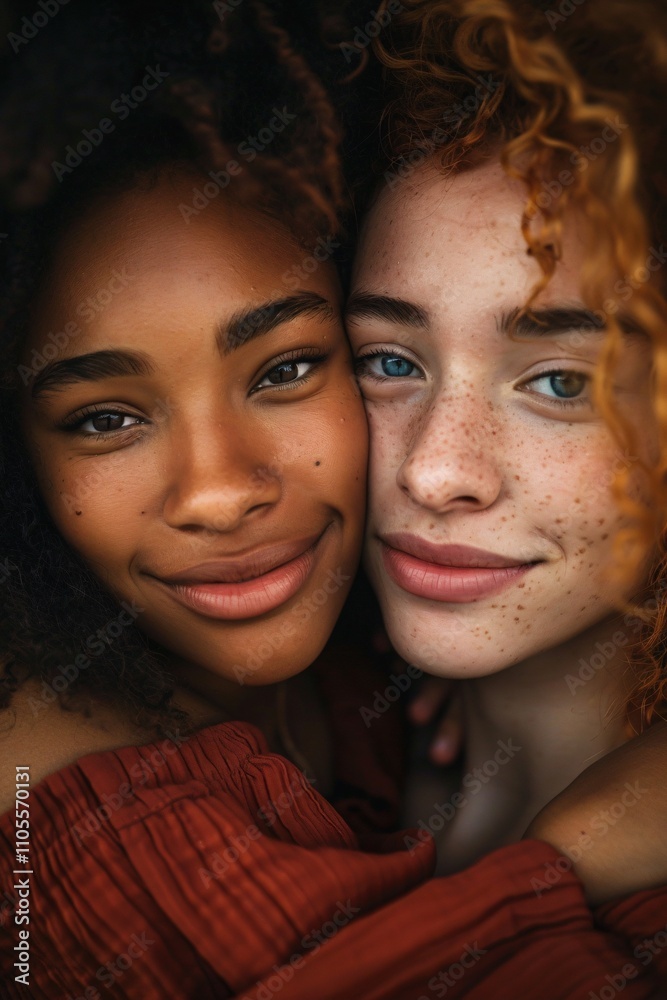 Two young women stand close together, beaming with happiness. They share a warm embrace while enjoying a beautiful sunset. Their unique features and vibrant hair add to the moment's beauty Two young women stand close together, beaming with happiness. They share a warm embrace while enjoying a beautiful sunset. Their unique features and vibrant hair add to the moment's beauty