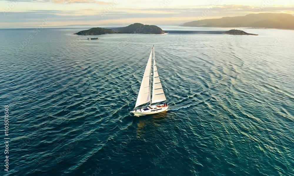 A calming aerial shot of a sailboat gliding across a calm blue sea, leaving a gentle wake in its path