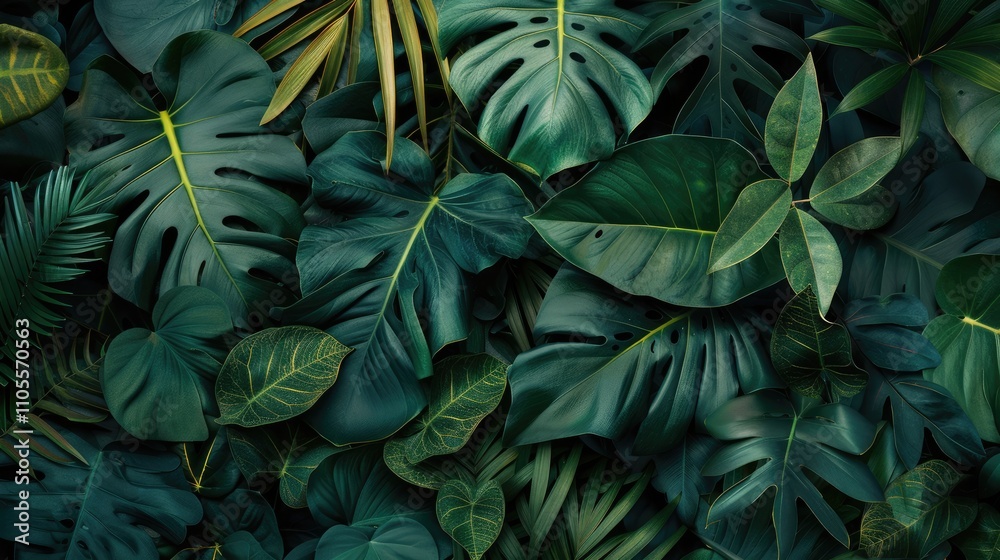 Fototapeta premium Dark green tropical leaves on a fresh flat background: Nature-themed flat lay