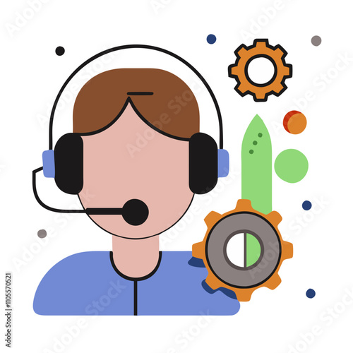 Support agent icon with headphones and gears in a modern style and professional mood