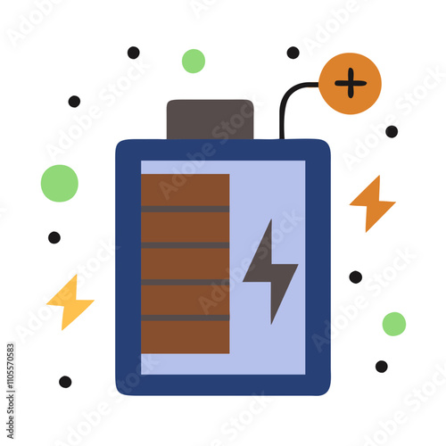 Battery icon with charging indicator and lightning symbols in a modern style and energetic mood
