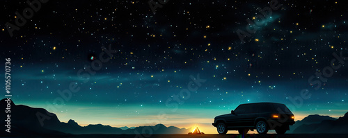 serene night scene with car under starry sky, perfect for adventure