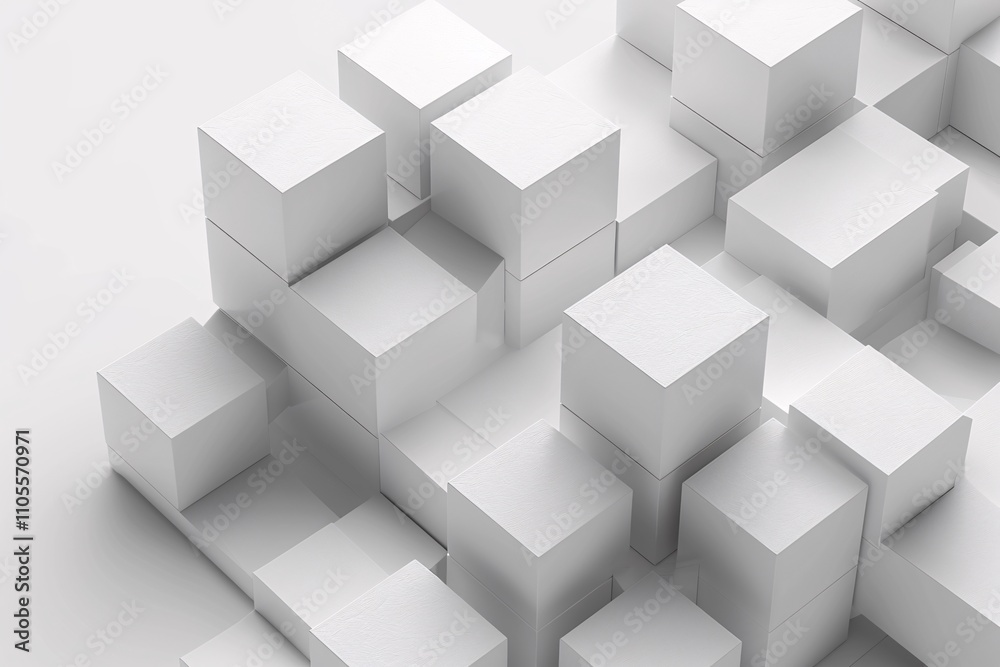 Cubes of various sizes and heights are arranged in a striking white layout, highlighting simplicity and modernity Cubes of various sizes and heights are arranged in a striking white layout, highlighting simplicity and modernity