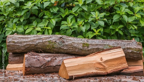 rustic woodpile and logs in natural setting with green bush in background  photo