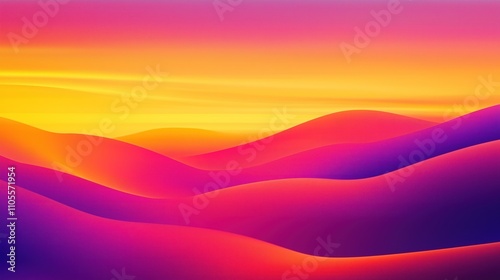 Abstract sunset landscape shows smooth transitions of vibrant orange pink, purple hues across rolling hills creating vivid abstract art piece evoking tranquil sunset scene perfect for background