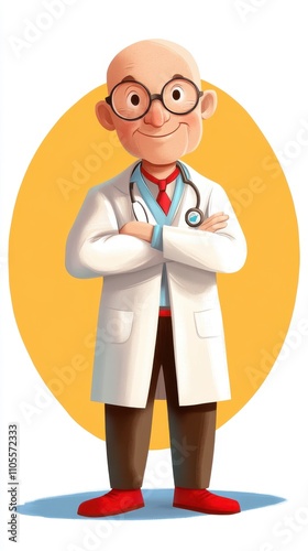 A charming cartoon depiction of a bald doctor with round glasses and a stethoscope around his neck, donning a white coat and a red tie, set against a yellow backdrop.