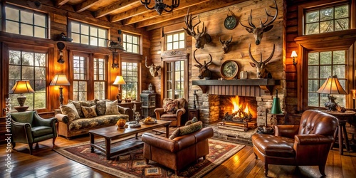 Rustic Hunting Lodge Interior with Taxidermy Decor, Cozy Atmosphere, and Natural Elements Captured in a Portrait Photography Style for a Unique Rustic Experience