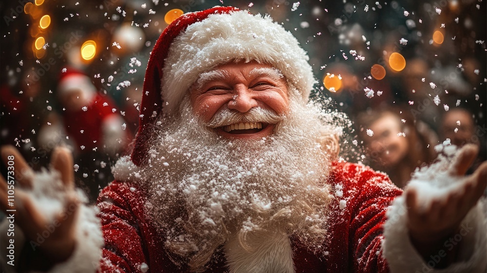 Santa Claus smiling and throwing snow in the air, with a blurred background featuring Christmas lights. Santa Claus smiling and throwing snow in the air, with a blurred background featuring Christmas lights.