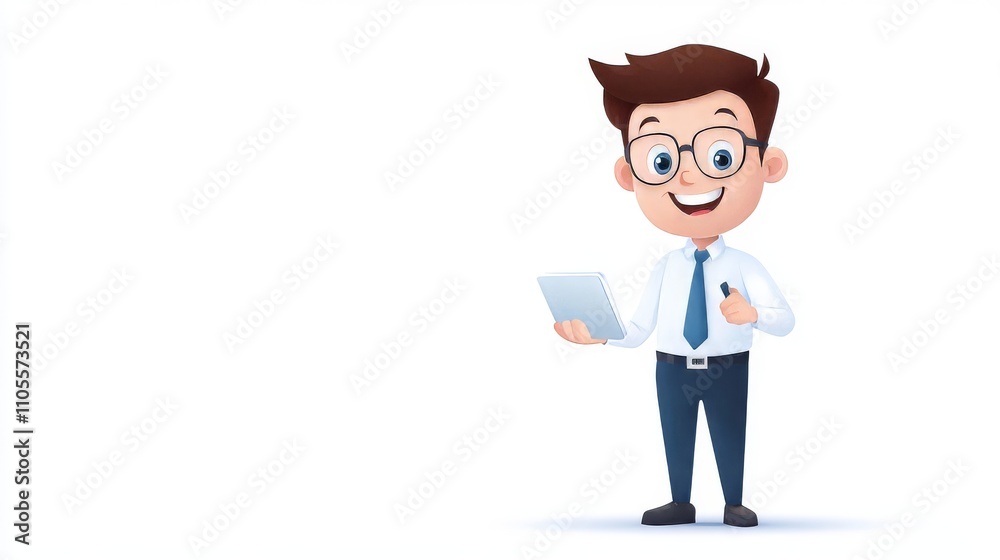 Cartoon Businessman Engaging in Activity with Smile and Tablet Cartoon Businessman Engaging in Activity with Smile and Tablet