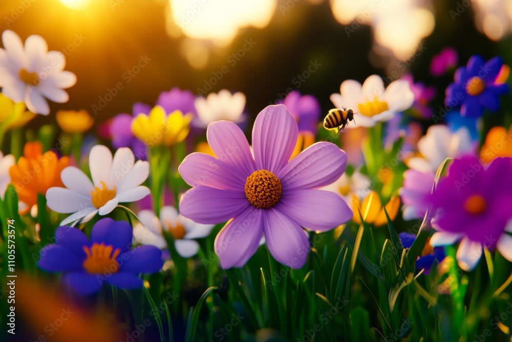 Close-Up of Vibrant Wildflowers in a Meadow with a Honeybee at Sunset
