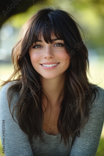 A woman with long dark hair and bangs smiles brightly, enjoying a sunny day outdoors with a blurred green background.