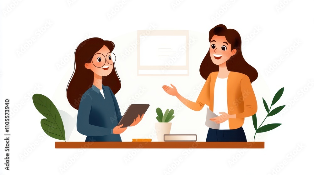Two women engaged in a discussion at a desk, one holding a tablet, surrounded by plants, creating a collaborative and productive atmosphere. Two women engaged in a discussion at a desk, one holding a tablet, surrounded by plants, creating a collaborative and productive atmosphere.