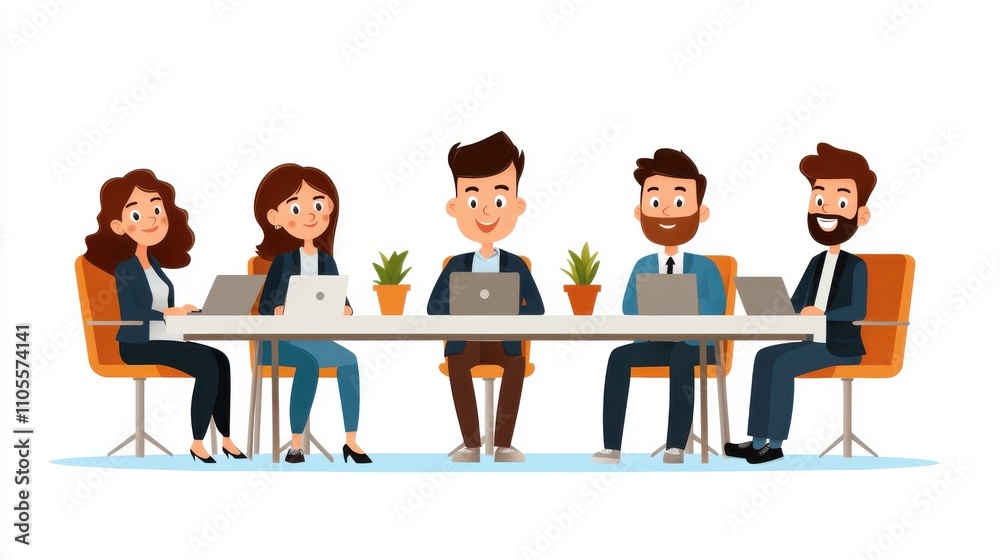 A diverse team of five colleagues sits around a conference table with laptops, discussing new ideas in a collaborative and professional business environment. A diverse team of five colleagues sits around a conference table with laptops, discussing new ideas in a collaborative and professional business environment.