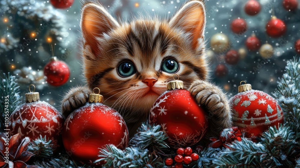 A cute kitten is playing with red Christmas ornaments, wearing festive A cute kitten is playing with red Christmas ornaments, wearing festive