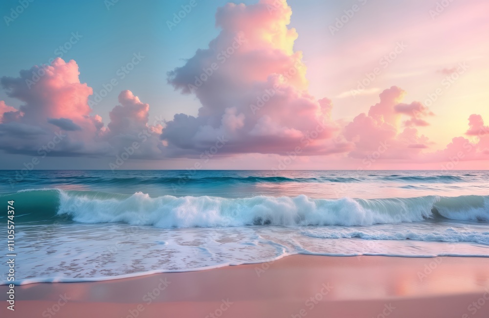 Pink sunset over sea. Ocean waves crash on beach. Beautiful pink clouds in sky. Peaceful scene. Perfect for vacation. Ideal for travel brochures and holiday ads. Pink sunset over sea. Ocean waves crash on beach. Beautiful pink clouds in sky. Peaceful scene. Perfect for vacation. Ideal for travel brochures and holiday ads.