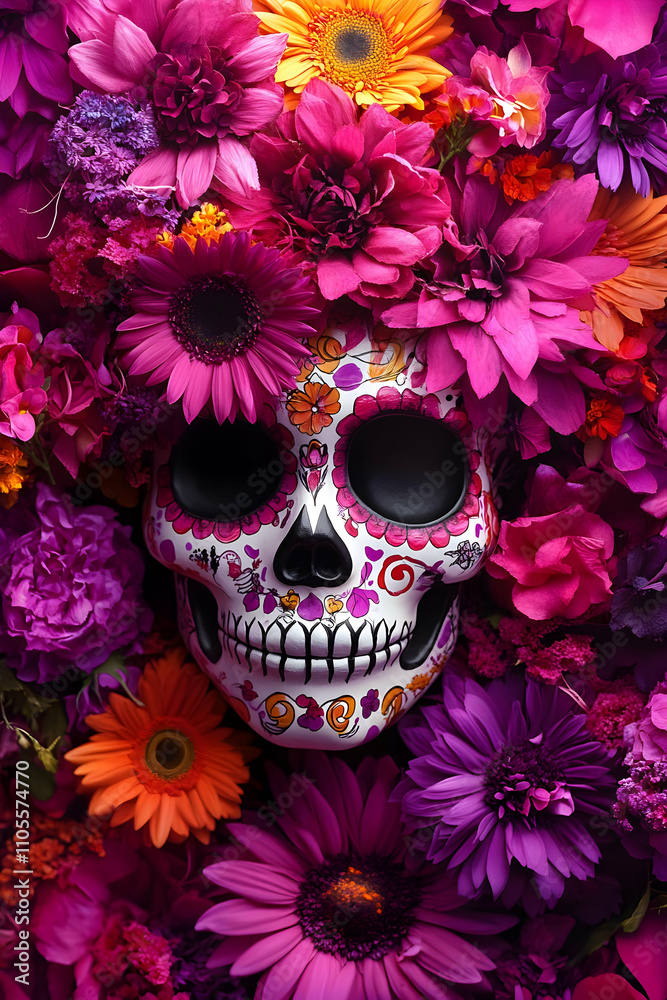 Sugar Skull in Vibrant Floral Embrace - Illustration Sugar Skull in Vibrant Floral Embrace - Illustration