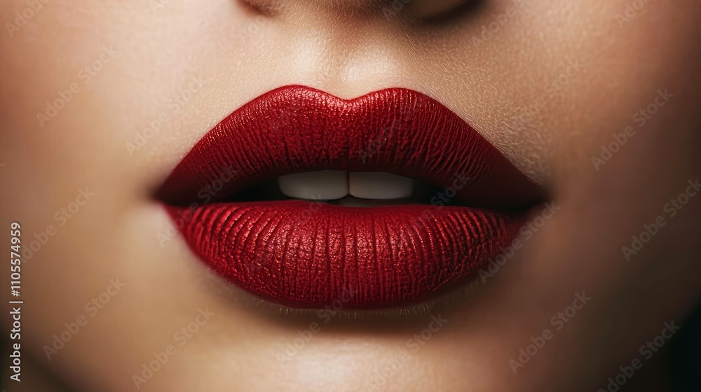 A detailed close-up of red lipstick applied on lips, showcasing makeup artistry and vibrant color contrast. A detailed close-up of red lipstick applied on lips, showcasing makeup artistry and vibrant color contrast.