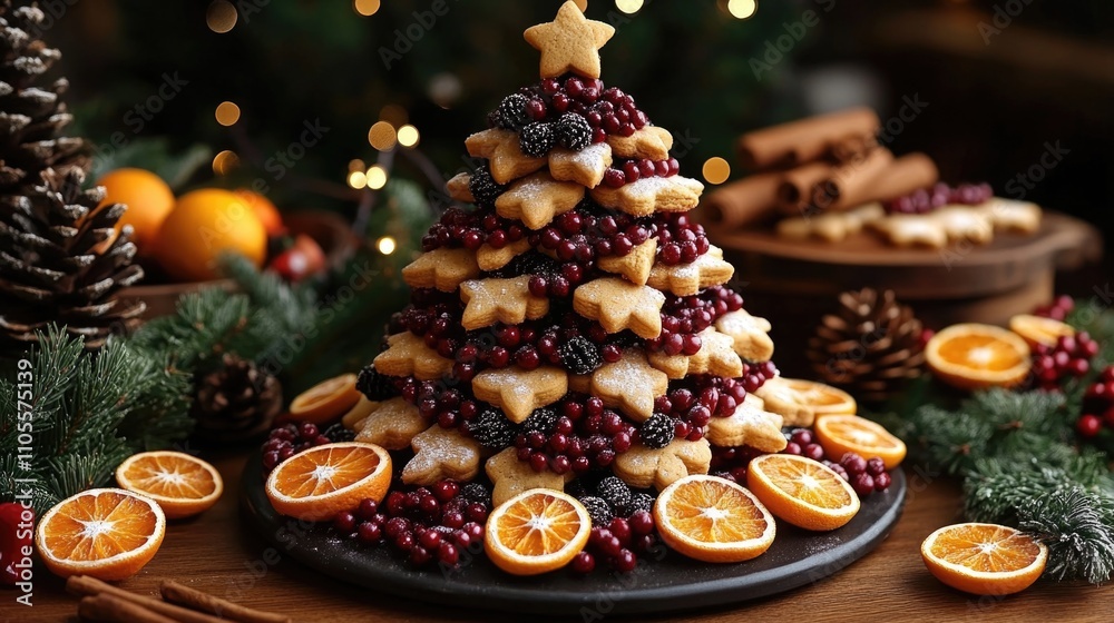 A Christmas tree made of gingerbread cookies, dried orange slices and berries A Christmas tree made of gingerbread cookies, dried orange slices and berries