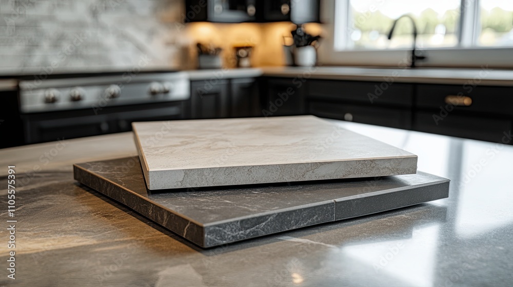 Porcelain three stoneware square samples laid on kitchen countertop, background blurry Porcelain three stoneware square samples laid on kitchen countertop, background blurry
