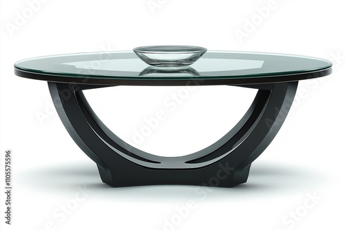 table basse contemporaine élégante avec un plateau en verre rond et des pieds en métal noir, minimaliste, fond blanc, décoration, objet 3D réaliste, HDR, photographie de studio, décoration, tendance