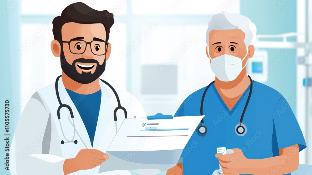 Two healthcare professionals, one wearing a stethoscope, review a medical chart in a hospital setting, symbolizing teamwork and dedication to patient care. Two healthcare professionals, one wearing a stethoscope, review a medical chart in a hospital setting, symbolizing teamwork and dedication to patient care.