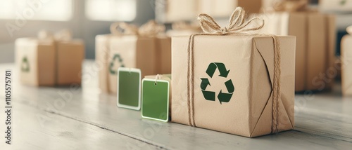 Green monday sale concept. Eco-friendly packaging with a recycling symbol among other wrapped gifts. photo