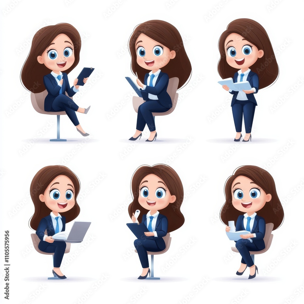 Cheerful Cartoon Businesswoman Engaged in Various Activities at Work