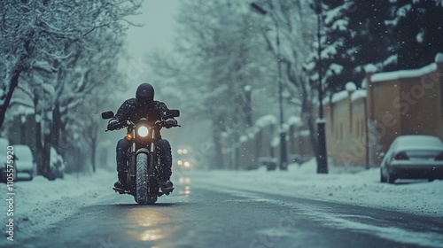 A lone biker rides a motorcycle on a snowy city street in winter.
