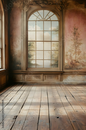 Rustic Wooden Floor and Painted Window Background