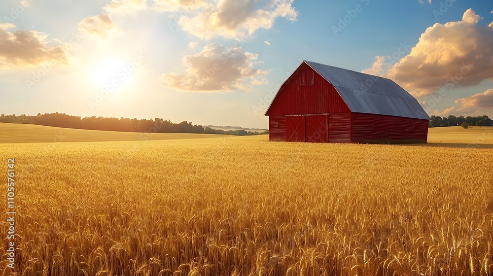 Panoramic rural farm landscape featuring red barn and golden wheat field against blue sky with dramatic sunburst, captured during golden hour with rolling hills. Panoramic rural farm landscape featuring red barn and golden wheat field against blue sky with dramatic sunburst, captured during golden hour with rolling hills.
