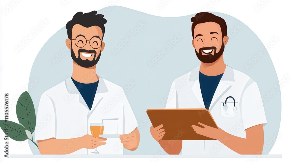 Two scientists in white lab coats engage in lively discussion, reviewing results and notes in a modern lab setting, highlighting innovation and collaboration. Two scientists in white lab coats engage in lively discussion, reviewing results and notes in a modern lab setting, highlighting innovation and collaboration.