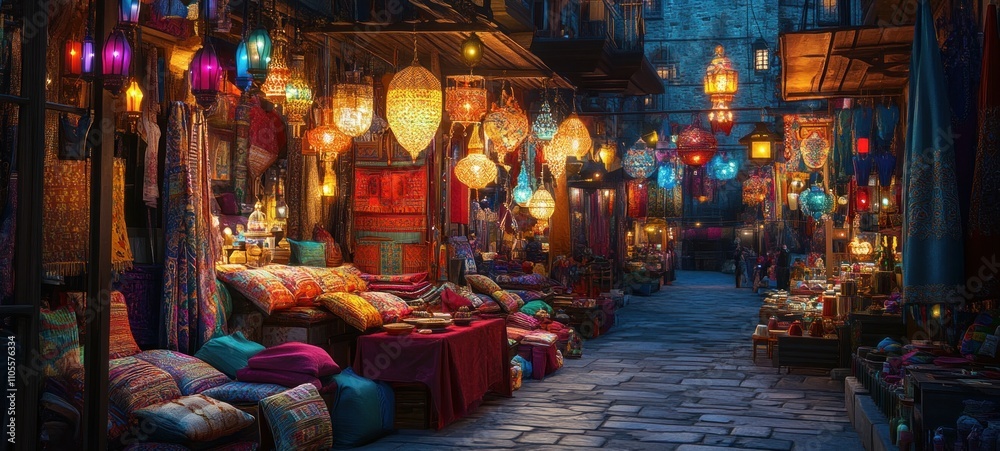Obraz premium Enchanted Night Market: A Vibrant Display of Colors and Lights