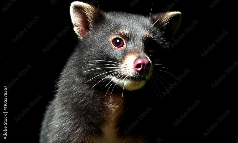 A close-up portrait of a dark-furred animal, highlighting its expressive features against a black background. A close-up portrait of a dark-furred animal, highlighting its expressive features against a black background.