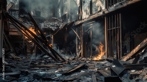 Destruction scene showcasing charred wood and flames in a partially collapsed building. photo