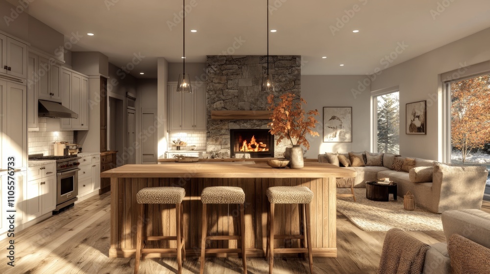 Warm and inviting open-concept kitchen and living room with a stone ...