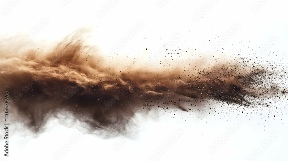 Brown Dust Cloud Explodes, Spreading Widely Across White Background Brown Dust Cloud Explodes, Spreading Widely Across White Background