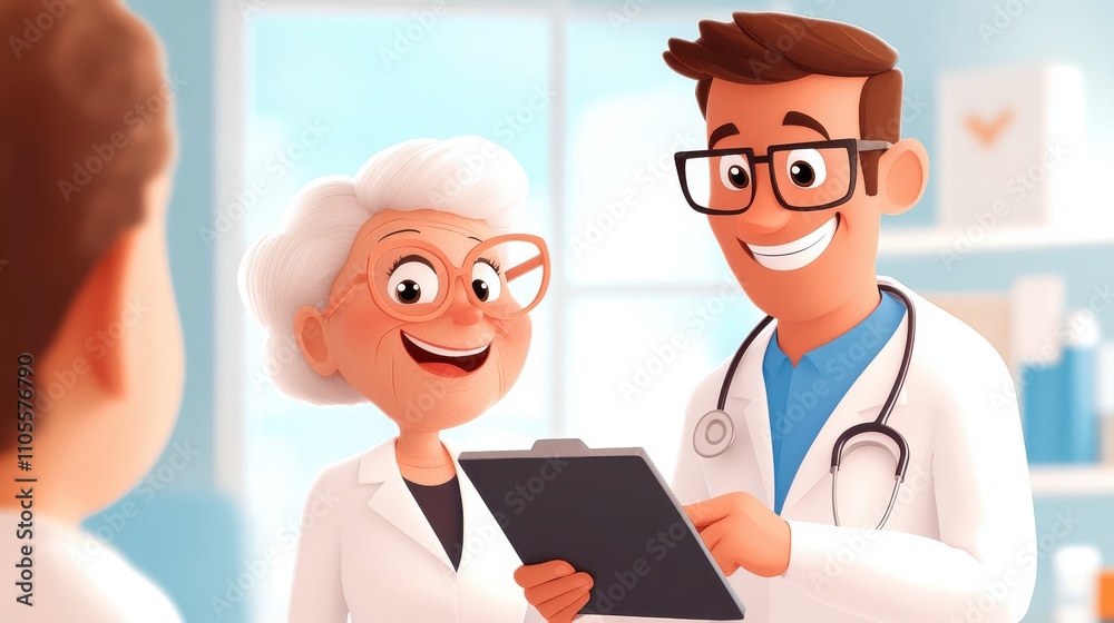 Two doctors, one male and one female, smiling and holding a clipboard in a bright clinic room, suggesting teamwork and effective medical consultation. Two doctors, one male and one female, smiling and holding a clipboard in a bright clinic room, suggesting teamwork and effective medical consultation.