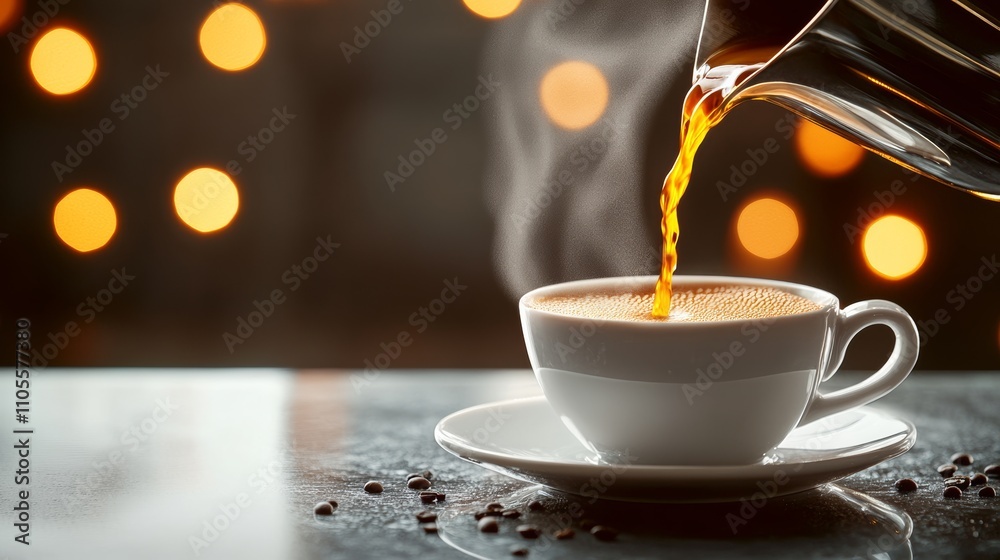 Fototapeta premium White coffee cup with a white saucer is being poured with coffee. The steam from the coffee is rising and the cup is almost full. Concept of warmth and comfort