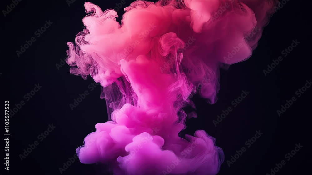 Fototapeta premium Magenta, pink fluffy ink smoke cloud floats against black background. Abstract art photo of fluid dynamics. Colorful patterns, shapes. Vivid colors. Creative design. Beautiful pastel colors. Soft