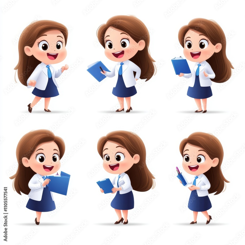 Fototapeta premium Cartoon Businesswoman Engaging in Various Professional Activities