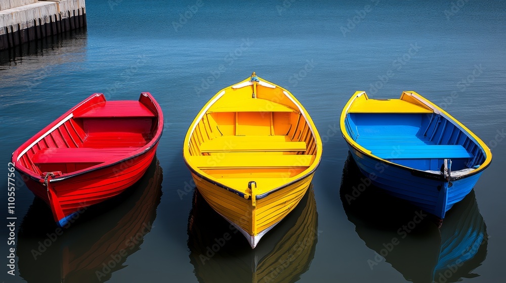 Three boats of different colors are sitting in the water. The red boat is in the foreground, the yellow boat is in the middle, and the blue boat is in the background. The scene is peaceful and serene Three boats of different colors are sitting in the water. The red boat is in the foreground, the yellow boat is in the middle, and the blue boat is in the background. The scene is peaceful and serene