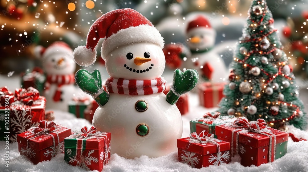 A festive Christmas scene with snowmen, presents, and decorations A festive Christmas scene with snowmen, presents, and decorations