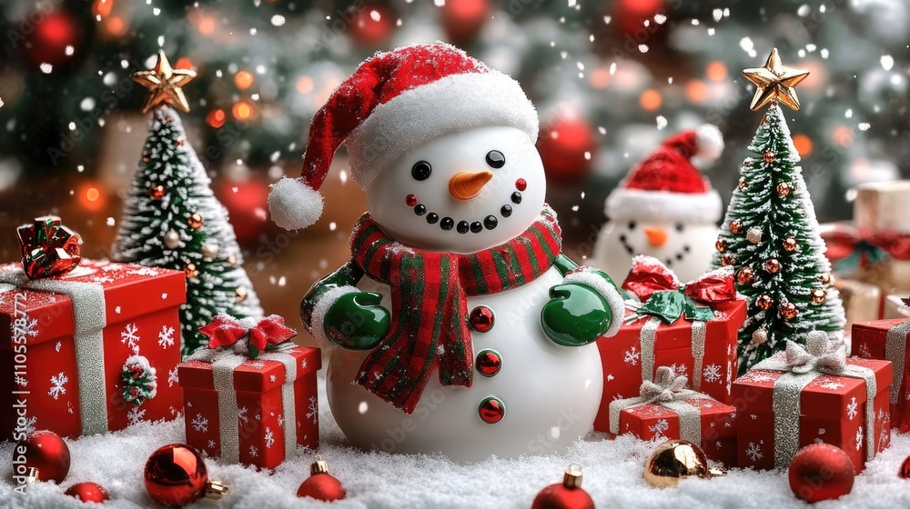 A festive Christmas scene with snowmen, presents, and decorations A festive Christmas scene with snowmen, presents, and decorations