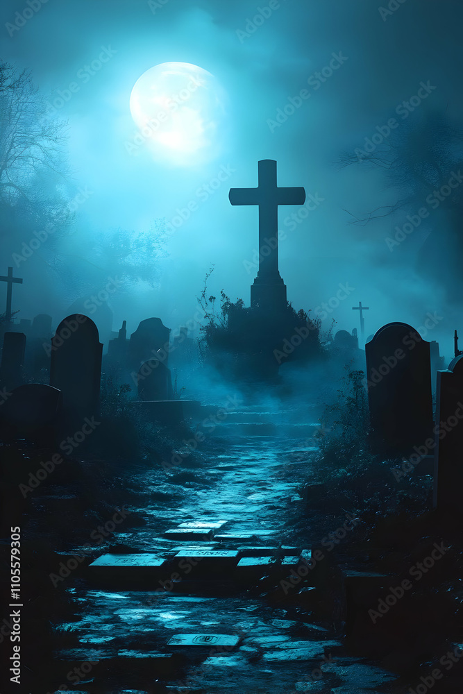 Moody Graveyard Illustration: Full Moon Night Moody Graveyard Illustration: Full Moon Night