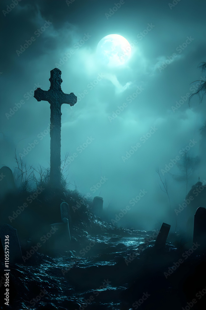 Night Cemetery Cross 3D Illustration Night Cemetery Cross 3D Illustration
