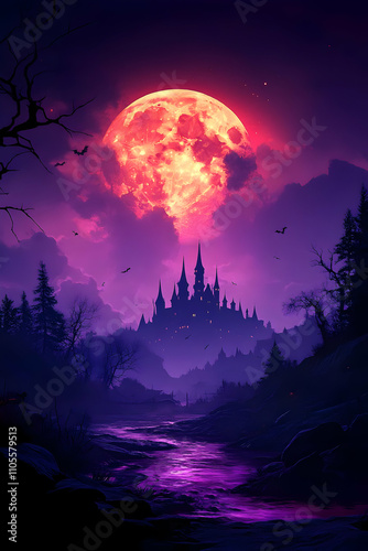 Wallpaper Mural Crimson Moonlit Castle Illustration Torontodigital.ca