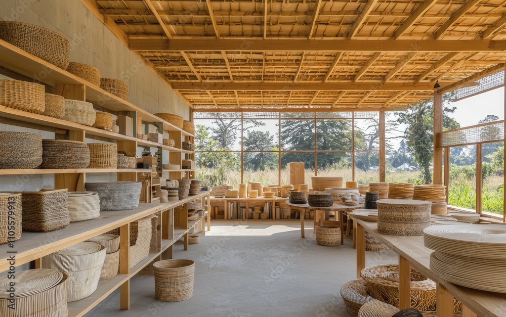 Wooden Shelving Displays Variety Of Woven Baskets Wooden Shelving Displays Variety Of Woven Baskets