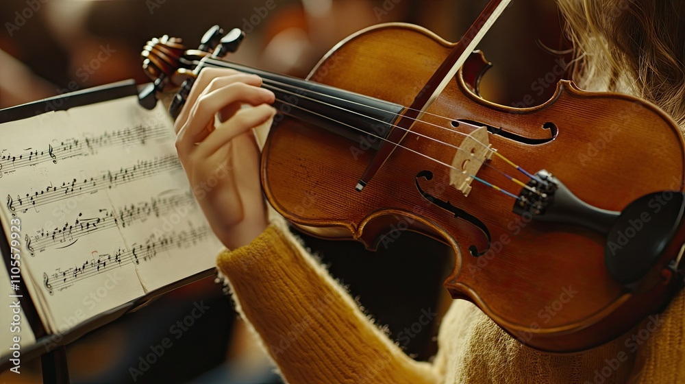 A close-up of a young woman playing a violin, focused on her technique, with sheet music visible in the background. A close-up of a young woman playing a violin, focused on her technique, with sheet music visible in the background.