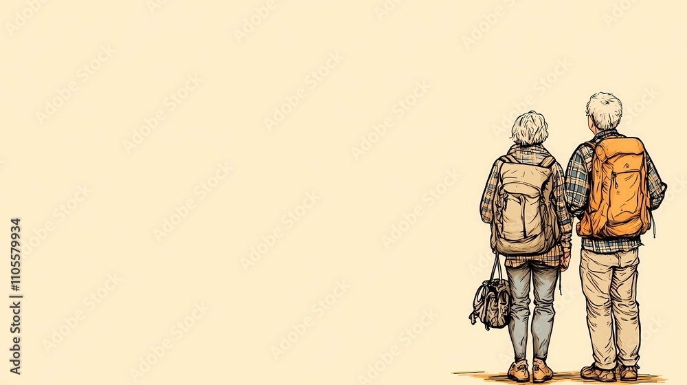 Elderly travelers with backpacks walking on a scenic mountain trail, enjoying the fresh air and stunning landscapes of nature Elderly travelers with backpacks walking on a scenic mountain trail, enjoying the fresh air and stunning landscapes of nature