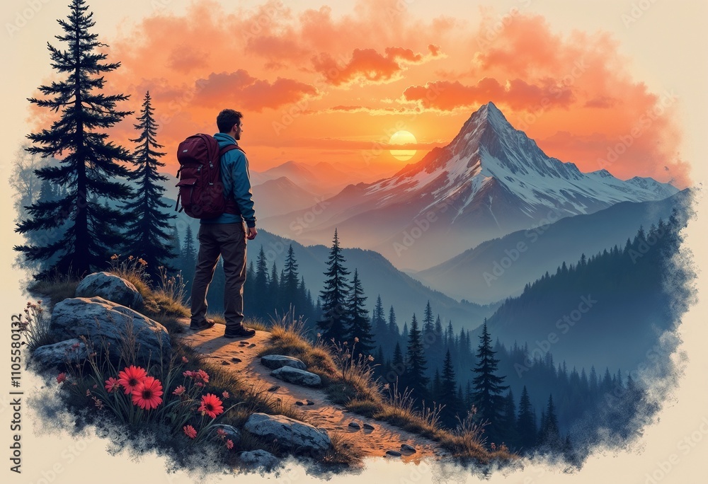 Obraz premium Illustration of a hiker with a backpack watching the sunset over a mountain landscape with copy space 